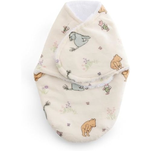 Berkshire Pooh Bear Baby Swaddle Sack - Spaloft Plush Sleep Sack with Classic Pooh Patterns - Snug Fit Swaddle Blanket for Newborns Infants 0-3 mo(Pooh Eeyore and Piglet Adventures Cream, 13.5’’x20’’)