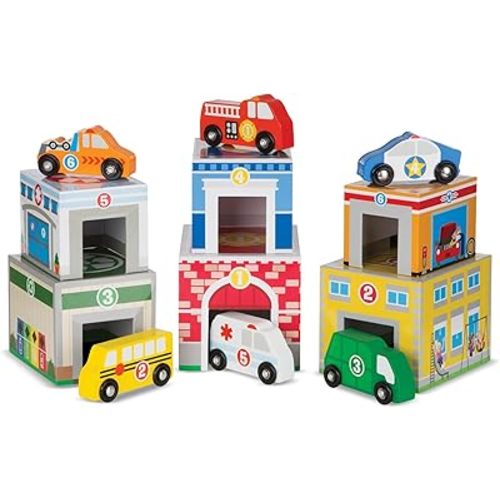 Melissa & Doug Nesting and Sorting Blocks - 6 Buildings, 6 Wooden Vehicles - FSC Certified