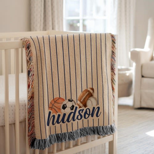 Customized Sports Baby Name Blanket, Woven Football Baby Blanket, Gift for Boy Baby Shower, Sports Nursery Decor, Baseball Boy Nursery Decor