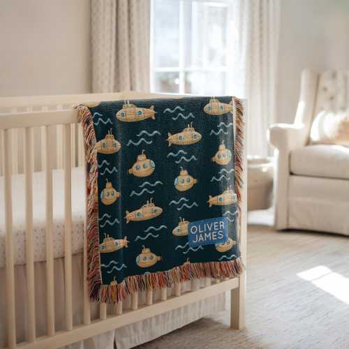 Personalized Submarine Baby Blanket, Custom Name Yellow Sub Throw, Ocean Adventure Navy Blue Baby Gift, Nautical Nursery Keepsake