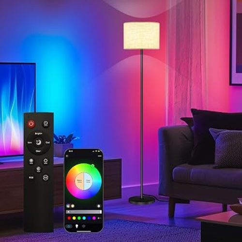 Smart LED Floor Lamp with APP Control & RGB Colors - Dimmable Standing Lamp for Living Room, Bedroom, Gaming - Remote, Timer, 9W Bulb Included, 60.6" Modern Tall Lamp (Beige)