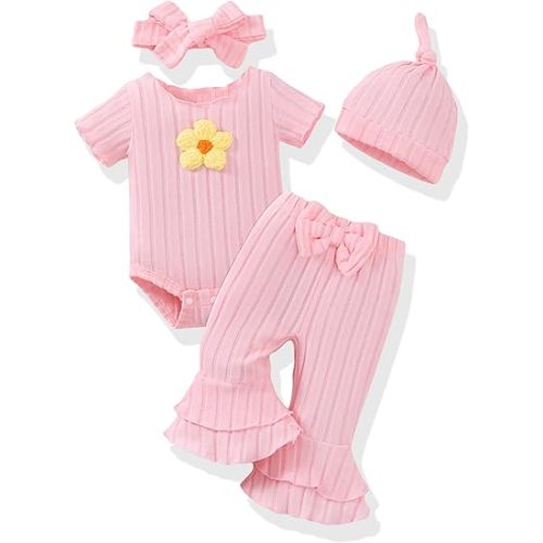 Renotemy Preemie Newborn Baby Girl Clothes Infant Short Sleeve Romper Summer Outfits Gifts for Girls Bell Bottoms Pants Set