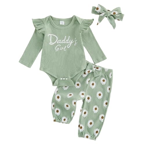 Tsnbre Newborn Baby Girl Fall Outfit Daddys Girl Romper Daisy Pants Set | Baby Girl Winter Clothes Letter Long Sleeve Bodysuit Floral Pants Headband Baby Clothes for Girls 0 3 6 9 12 Months