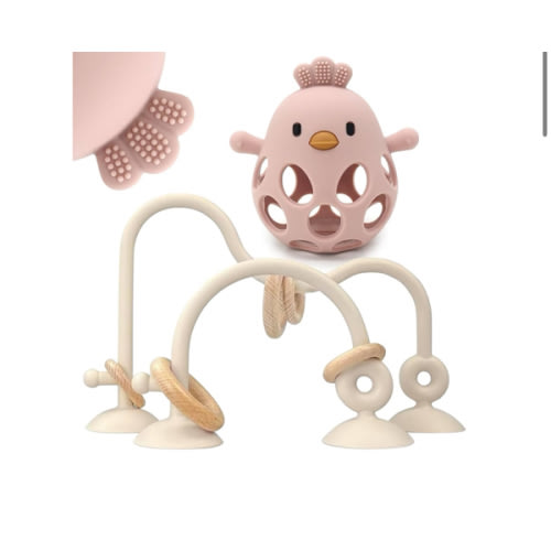 Baby High Chair Suction Toys Teething Chew - Baby Table Toys, Teething Toys Silicone Teethers, Food Grade Silicon for 6 12 18 Months (Beige Rosepink)