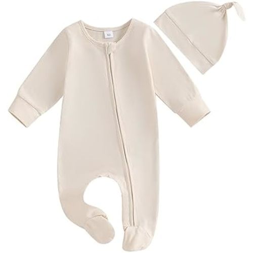 KMBANGI Newborn Infant Baby Boys Girls Footie Romper Solid Zipper Jumpsuit Baby Coming Home Outfit with Hat