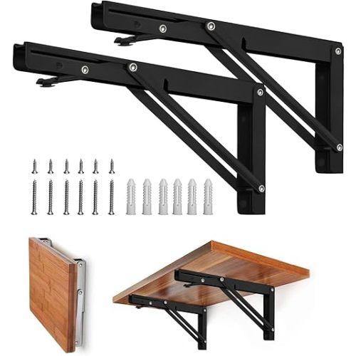 Storystore Folding Shelf Brackets - 10 Inch Heavy Duty Metal Collapsible Shelf Bracket for Bench Table, Shelf Hinge Wall Mounted Space Saving DIY Bracket, Max Load: 150 lb (2 PCS, Black)