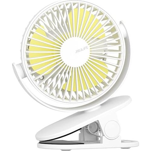 JISULIFE Clip on Baby Stroller Fan, 4000mAh Battery Operated, Portable Personal Small Fan, Quiet & Narrow Slot Design, 4 Speeds, Max 14 Hrs, Ideal for Bed, Desk, Car Seat - Milky White