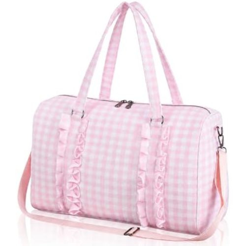 Pink Gingham Travel Duffel Bag Girls Duffle Bag with Ruffles Cute Pink Gingham Workout for Workout Travel Weekend Trip Sleepover