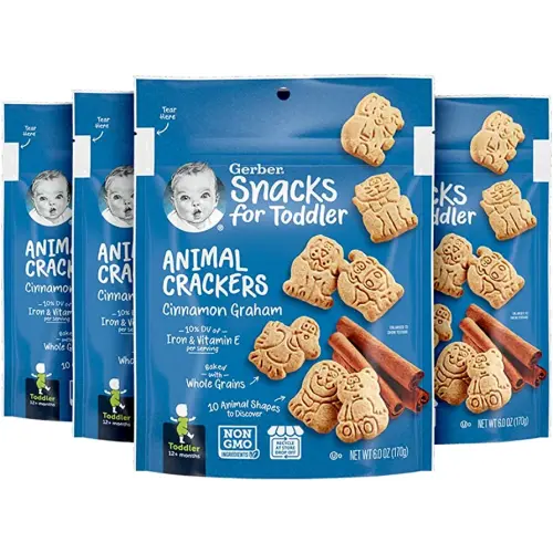 Gerber Snacks for Toddler Animal Crackers, Cinnamon Graham, 6 Ounce Pouch (Pack of 4)