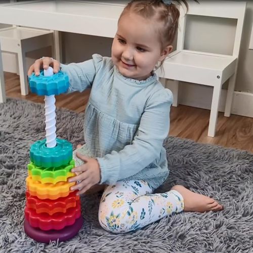 Educational Spinning Stacking Toys, Rainbow Stacking Rings Baby Toy, Toddlers Toys Montessori Sensory Learning Toy for Girls and Boys Spin Wheel Toys for 1-3 Year Old - Large Size Spinning Toys
