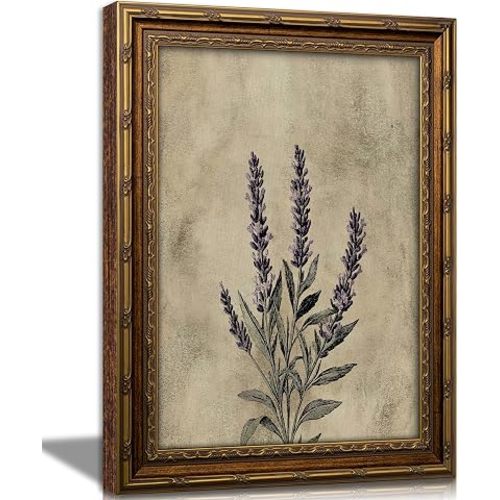 Vintage Gold Framed Canvas Wall Art Minimalism Flower Wall Decor Purple Lavender Painting Pictures Botanical Floral Poster Artwork for Bedroom Living Room Kitchen Farmhouse Home Decor
