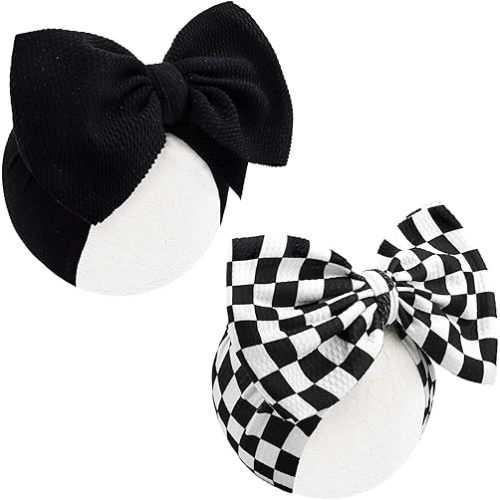 YanJie 2PCS 7’’ Black Bows for Baby Girls Checkered Headband White Bow Infants Toddler Hair Accessories Newborn Headbands Hair Bow Baby Clothes