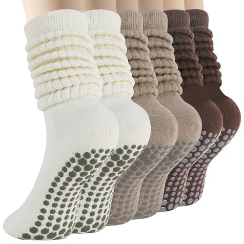 Pilates Grip Socks for Women, Non Slip Scrunch Yoga Socks for Home, Workout | Pilates Slouch Socks, Cozy Grippy Scrunchy Ankle Crew Socks with Grips for Yoga, Pilates, Lagree, Megaformer, Barre, Reformer