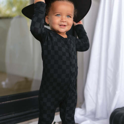 Infant Romper in Grey + Black Checkered