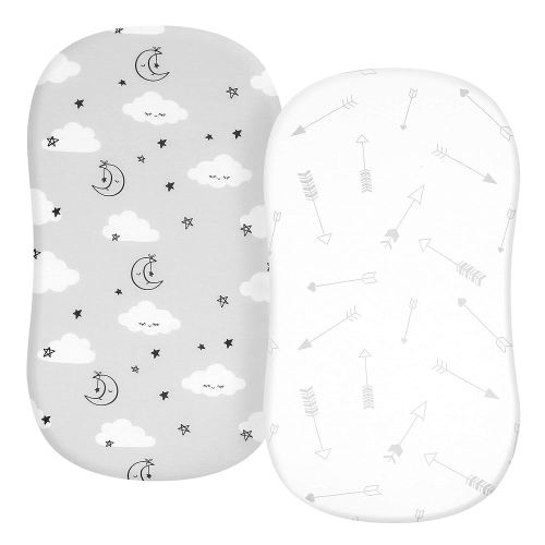 TILLYOU Baby Bassinet Sheets for Girls Boys, Fit for Hourglass Oval Rectangle Bassinet Mattress Sheets, 33”X16”, 2 Pack Grey Clouds
