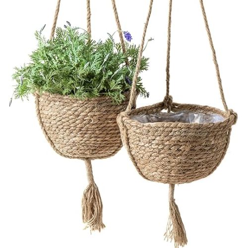LA JOLIE MUSE Natural Seagrass Hanging Planter Basket Set,Indoor Plant Pots, Boho Decor Plant Pot Cover, 9 (D)*5.5(H) Inch, Pack 2