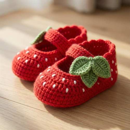 Strawberry Crochet Baby Booties – Red Mary Jane Shoes with Leaf