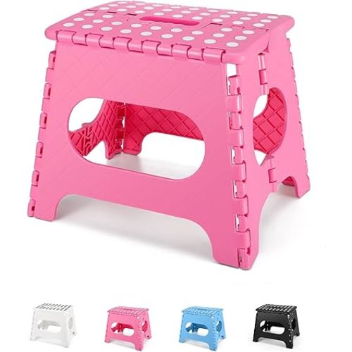 Dyforce Folding Step Stool 11", Durable Kids Step Stool, Heavy Duty Step Stools for Adults, Compact Foot Stools, Light-Weight Toddler Step Stool for Kitchen, Bathroom, Holds Up to 300 lbs (Pink)