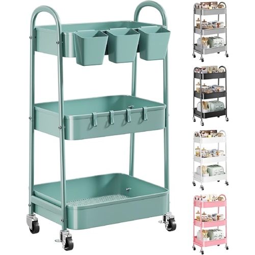 3 Tier Green Metal Rolling Cart with Lockable Wheels and Handle, 3 Tiered Utility Storage Organizer Carts for Teachers, Arts, Craft, Snack, Book, Bedside, Nursery, Cleaning Supplies, Easy Assembly
