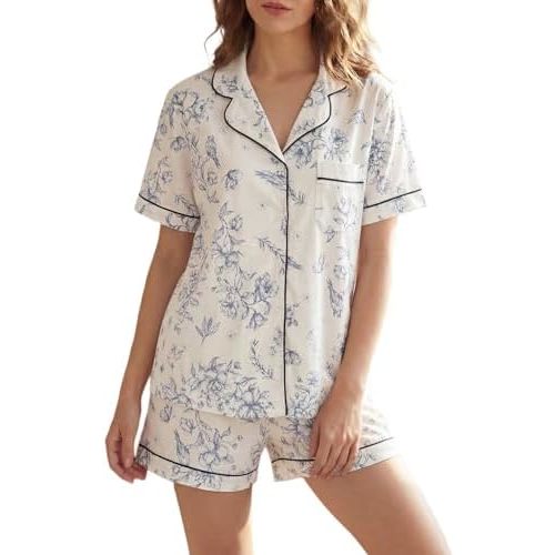 LUBOT 2026 100% Cotton Pajamas for Women PJ Set with Pockets Soft 2 Piece Short Sleeve Button Knit Summer Sleepwear XS-XXL
