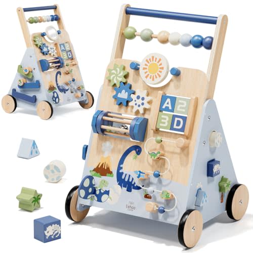 Lehoo Castle Dinosaur Wooden Baby Walker, Adjustable Speed Baby Push Walker | Baby Walking Toy with 10-in-1 Activity Center, Montessori Walker Toy for 1 Year Old Boy Learning to Walk