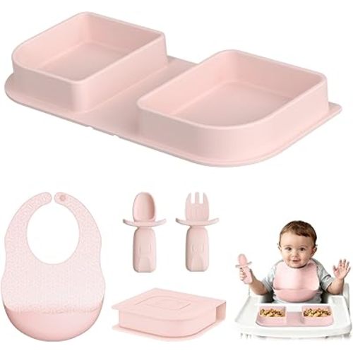 Traval Silicone Foldable Feeding Set, On-the-Go Baby Feeding Supplies Including Toddler Plates, Silicone Baby Spoon&Fork, Adjustable Foldable Bib, Portable Infant Toddler Utensils, Pink