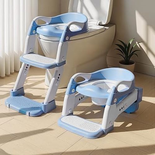 3-in-1 Potty Training Seat & Training Toilet & Potty Chair, Height AdjustableToddler Toilet Seat for Kids, Foldable Potty Training Toilet with Splash Guard & Anti-Slip Steps (Blue)