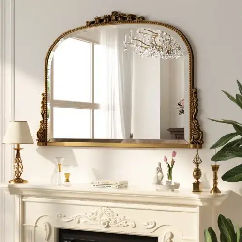 XRAMFY Antique Gold 27 in. W x 36 in. H Carved Arched PU Frame Vanity Wall Mirror N20ACPU22736GD