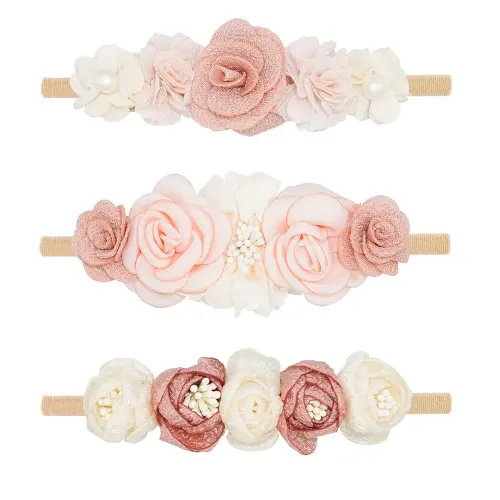Baby Girl Flower Headbands Set, 3pcs Elastic Nylon Floral Hair Band, Bows Wrap for Infant Newborn Toddler