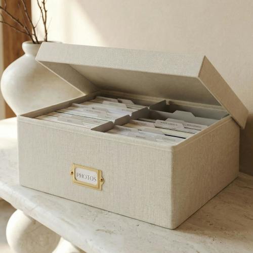 Decorative Photo Storage Box - Sturdy Linen Photo Organizer with Divid – Maisonette