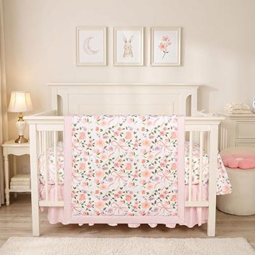TANOFAR 4 Piece Floral Crib Bedding Set for Girls Soft & Comfort