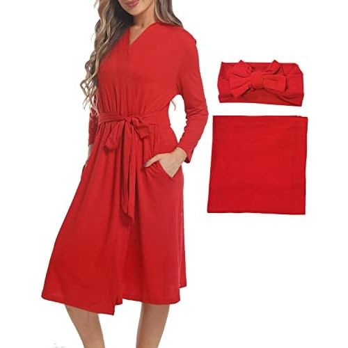 SUFEINI Maternity Robe with Matching Swaddle Blanket Set, Maternity Mommy Bathrobe Postpartum Robe Labor Gown
