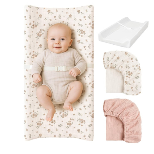 Konssy Muslin Changing Pad with Waterproof Lining Foam, Includes 2 Pack Soft & Cotton Cover, Baby Diaper Changing Pad for Dresser or Table, 32x16 inches (Blossom,Pink)