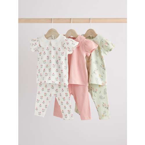 Pink/ Sage Green/ White Floral Printed Character Baby Tops and Leggings 6 Pack Set (0mths-3yrs)
