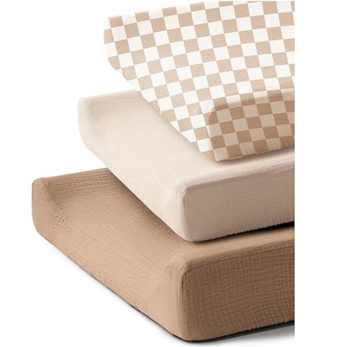 3 Pack Muslin Changing Pad Covers for Girl Boy, 100% Soft Cotton Changing Table Cover, Breathable Baby Nursery Diaper Chang Pad Sheets (Milky Coffee)