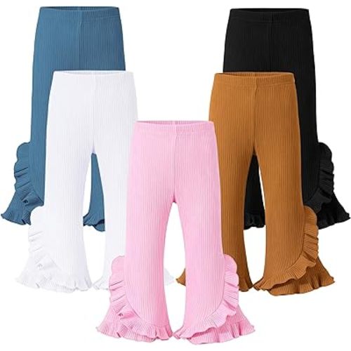 5 Pack Baby Girl Flared Pants Toddler Bottoms Solid Ribbed Ruffle Bell Pants Toddler Leggings Cotton