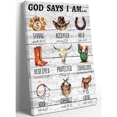 Inspirational God Says I Am Cowboy Western Canvas Wall Art Framed (12"x16"IN) Art Poster,Vintage Christian Bible Verses Wild West Canvas Print Painting Artwork for Home Living Room Bedroom Decor