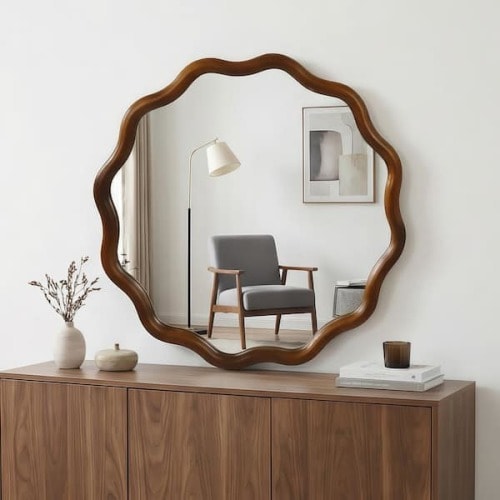 Mirark Black + Dark Walnut 30 in. W x 30 in. H Wavy Round Solid Wood Framed Wall Mirror