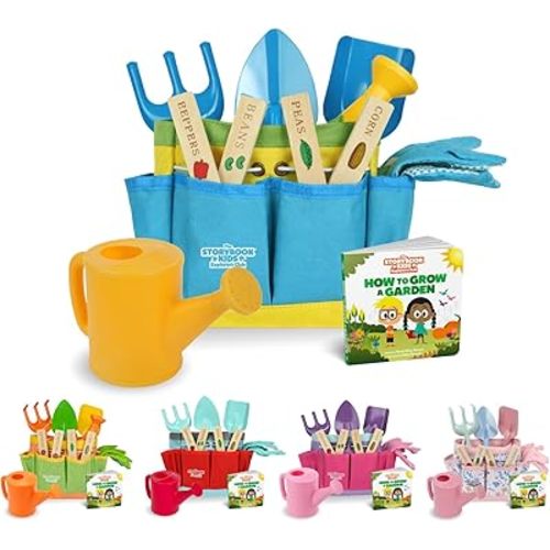 Kids Gardening Set – Toddler Gardening Kit Includes Watering Can for Kids, Shovel, Rake, Plant Stakes, Kids Gardening Gloves, Tote Bag & STEM Learning Gardening Guide Book - Garden Tool Set Blue