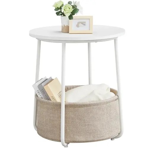VASAGLE Small Round Side End Table, Modern Nightstand with Fabric Basket, Matte White and Camel Brown ULET223W10