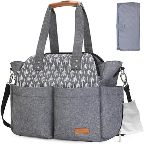 Lekebaby Diaper Bag Tote for Baby - 17 Pockets Large Travel Diaper Tote with Portable Changing Pad, Mom Crossbody Hospital Bag for Labor Delivery, Waterproof, Baby Essentials for Newborn Gifts, Grey