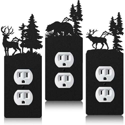 Lothee 3 Pcs Bear Light Switch Cover Plate Black Outlet Plate Cover Bear Elk Forest Mountain House Wall Light Outlet Decorative for Office Bedroom Home, Duplex Toggle(Exquisite)