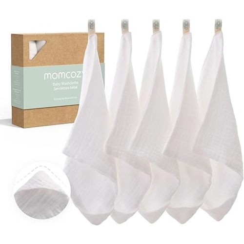 Momcozy Baby Washcloths - 4 Layer Design| Medium Thickness| Soft & Absorbent| Premium Cotton for Newborns' Skin-Great for Bathing, Wiping & on-the-go Use, Shower Gift and Essential(5 Pack, 10x10 inch)