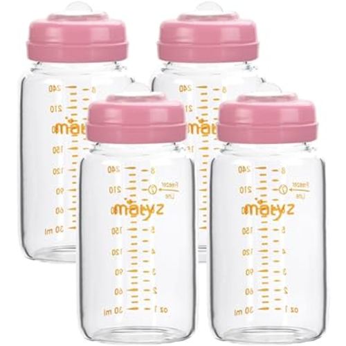 Matyz Glass Breastmilk Storage Containers, 4 Pack, 8 oz Bottle, Fit with Spectra Medela Philips Avent Pump - Wide Mouth Breastmilk Collection and Storage Bottle with Lids - No BPA (Pink Lids)