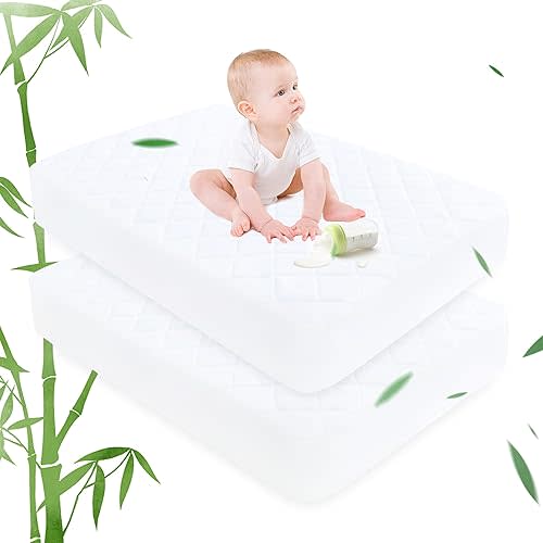 Waterproof Crib Mattress Protector, 2 Pack Quilted Fitted Breathable Toddler Baby Mattress Cover, Organic Bamboo Viscose Soft Crib Mattress Pad, White (52x28)