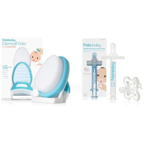Frida Baby The 3-Step Cradle Cap System, DermaFrida The FlakeFixer, Sponge, Brush, Comb and Storage Stand + Frida Baby Medicine Pacifier, Medicine Syringe & Accu-Dose Pacifier