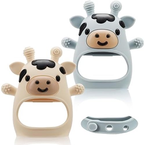 TOHIBEE 2 Packs Baby Teething Toys for 0-6 6-12 Months, Food Grade Silicone Adjustable Cow Teething Mitten, Chew Teether Toys for Teething Pain Relief, Baby and New Born Essentials, Blue & White