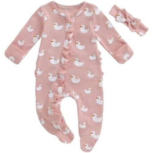 Baby Girl Footie Romper Ruffle Zipper Jumpsuit Waffle Cute Infant Coming Home Outfit