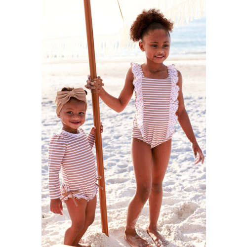 Long Sleeve Rash Guard With Ruffle Bottom | Sandy Stripes