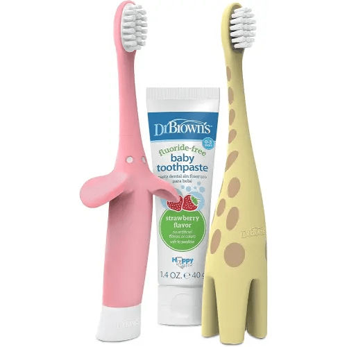 Variety Pack: Dr. Brown's Infant to Toddler Giraffe and Pink Elephant Toothbrushes with Baby Toothpaste, Strawberry 1.4oz